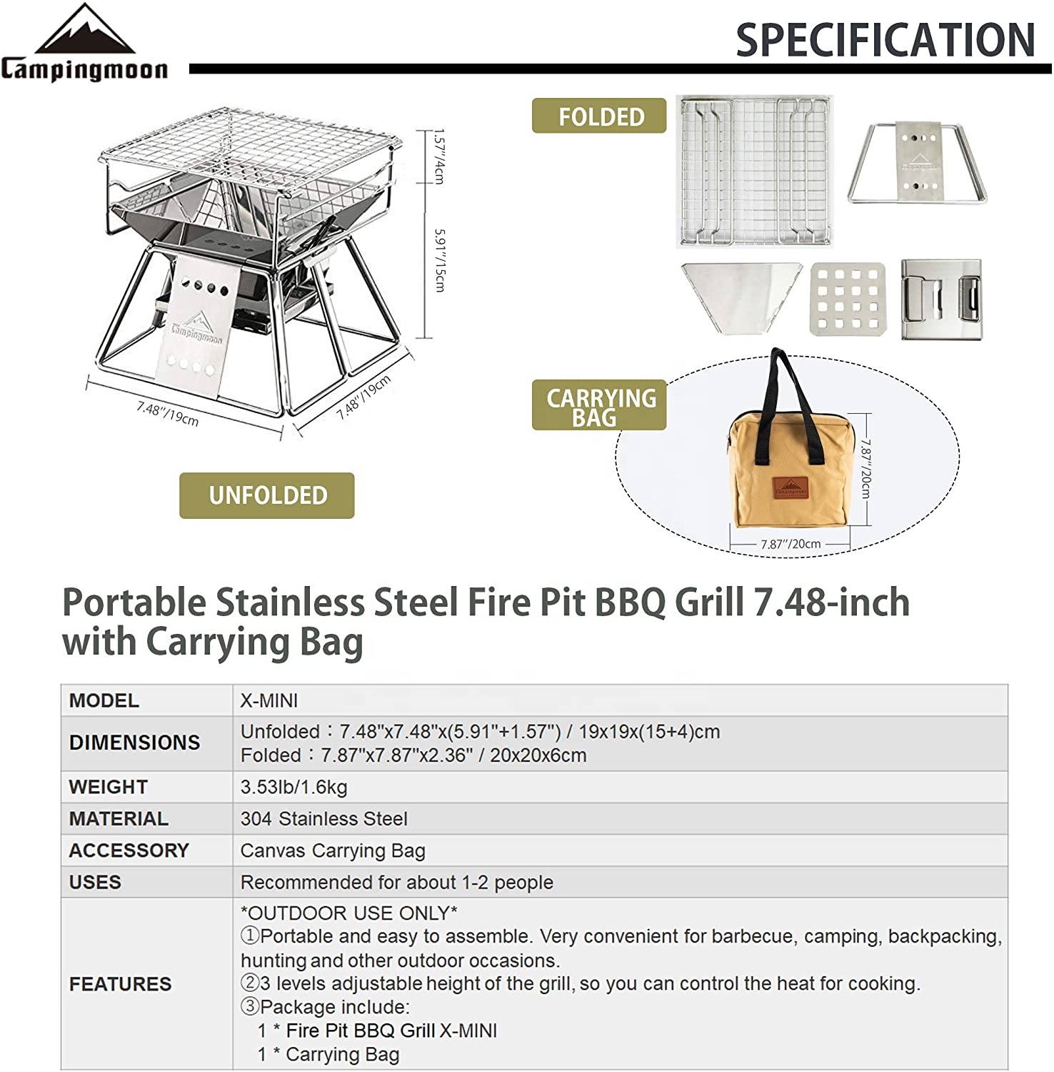 Campingmoon-Vertical ajustável - Camping Cooking Grate avaliação e preço